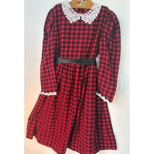 Vintage Sarah Kent Plaid Lace Collar‎ Dress Girls 8 Red Black Excellent